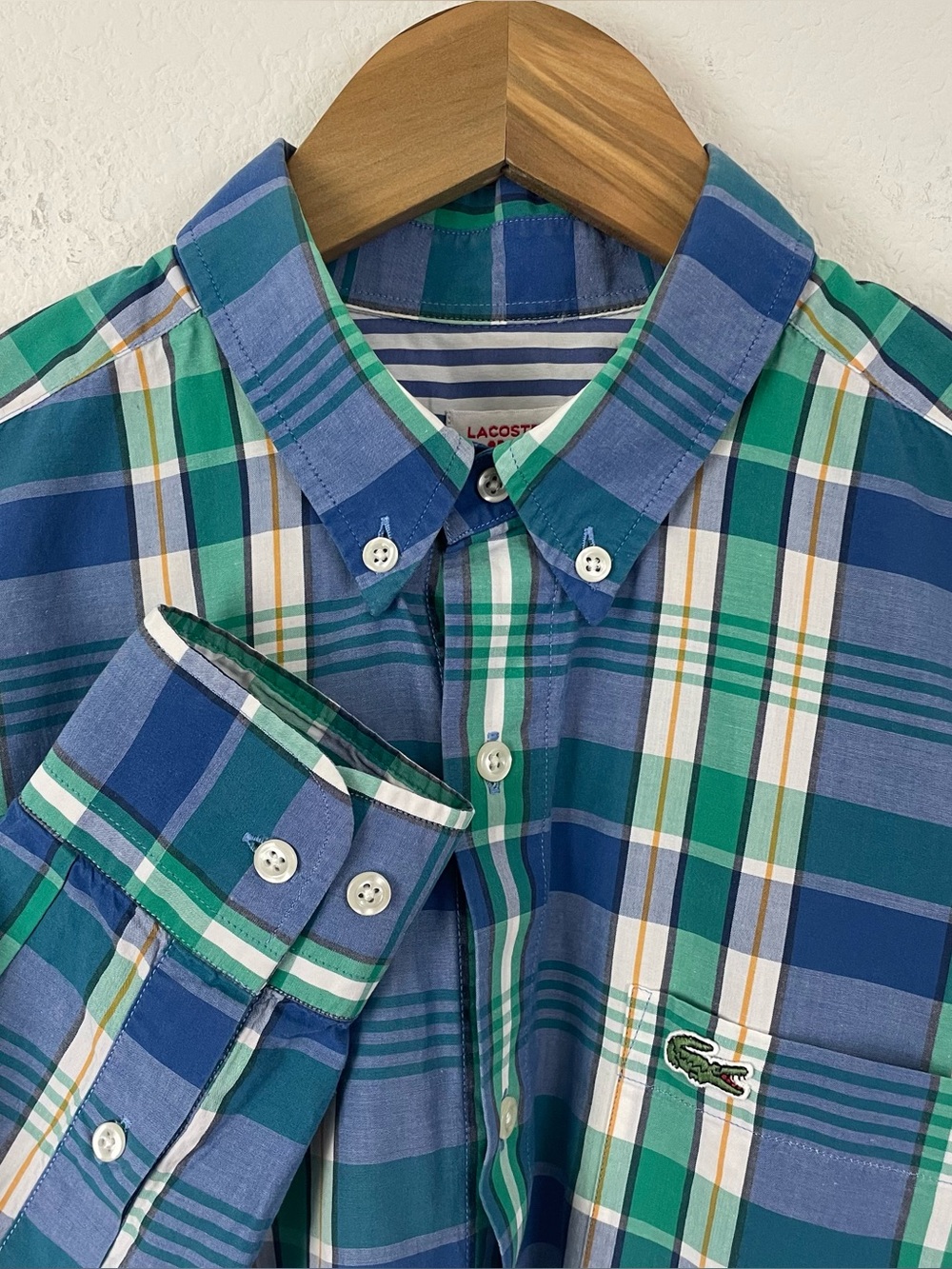 La Coste L!ve Mens Sz 39 S/M Plaid Sleeve Cotton Button Up Shirt College Style